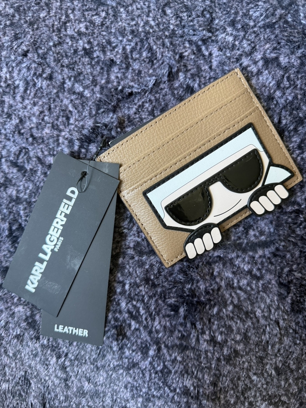 Karl Lagerfeld Tan Pebbled Leather Card Case with Gold Logo